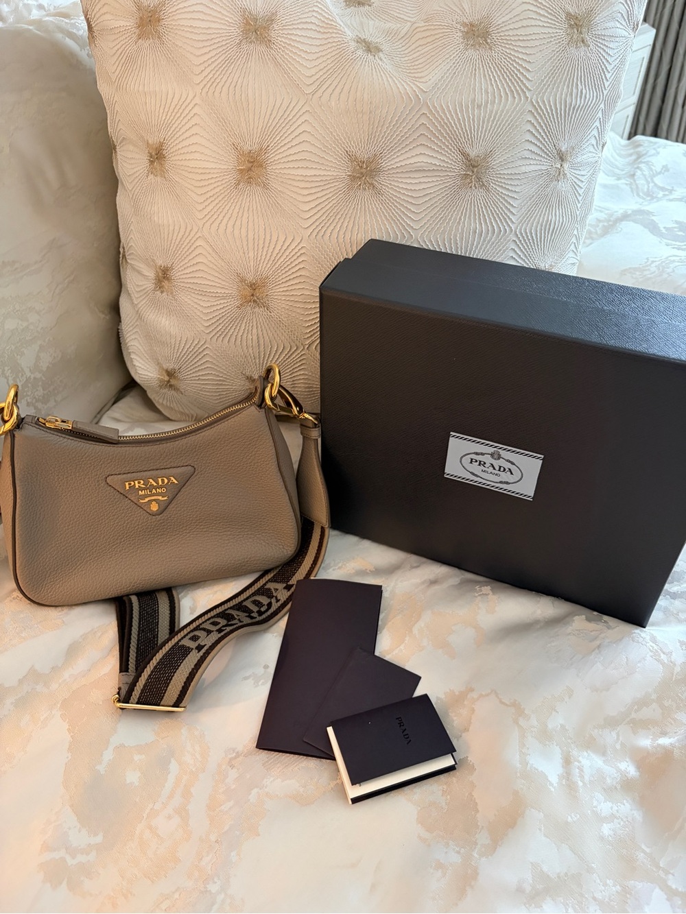Prada Taupe Bandoliera Pebbled Leather Crossbody with Branded Strap